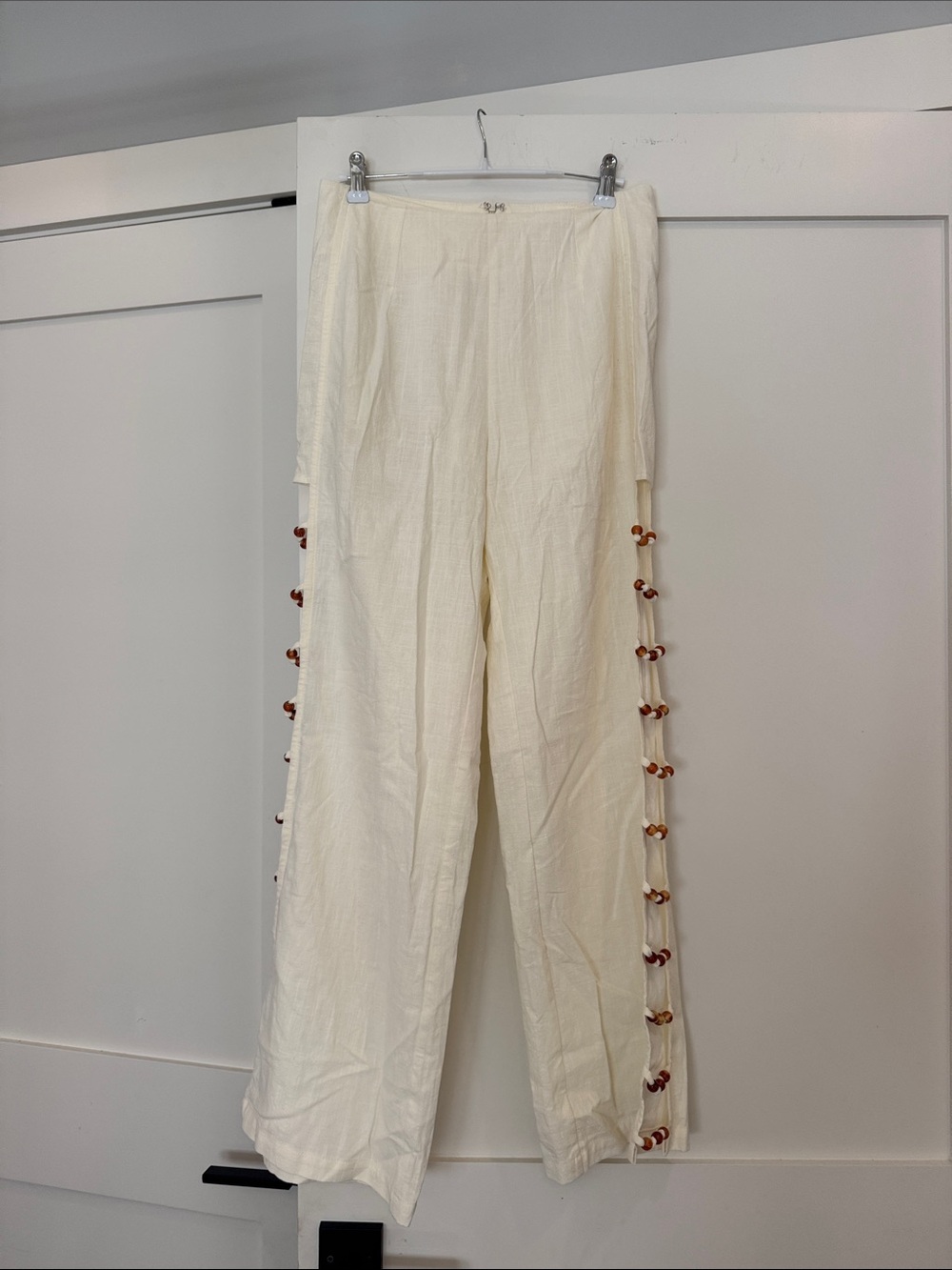 Women's Ivory Wide-Leg Pants with Side Button Detail